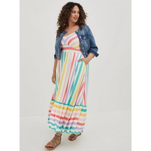 torrid Dresses & Skirts - Torrid White&Multi Rainbow Stripe Supersoft Tiered Maxi Dress Sz.3
